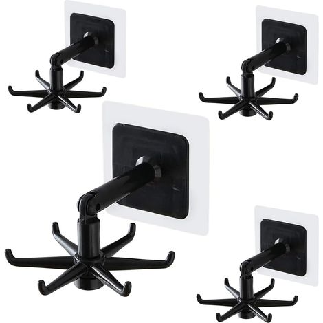 Set mit 4 um 360° drehbaren Klapphaken für Küche, Mehrzweckhaken mit Selbstklebefunktion, 6-zinkige Aufbewahrungsleiste für Büro, Haushalt, Badezimmer, Handtücher, Küchenutensilien (Schwarz) (1/5)