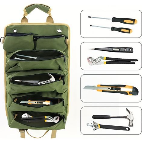 1-teilige, aufrollbare Multifunktions-Werkzeugtasche für Garten-, Elektro-, Holzbearbeitungs- und Kfz-Werkzeuge (Grün) (1/5)
