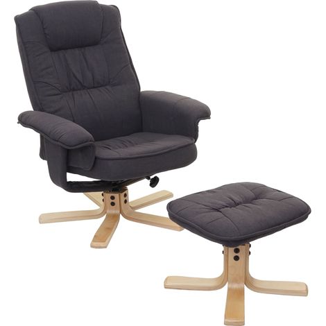Fauteuil de télé M56, fauteuil de relaxation avec tabouret, tissu - gris foncé (1/5)