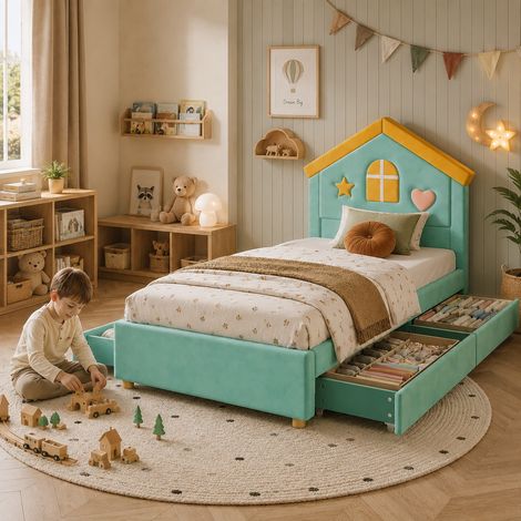 Lit cabane enfant 90x200 cm rembourré en velours bleu, canard avec 4 tiroirs de rangement, lit simple moderne, pour chambre d'enfant ado (1/5)