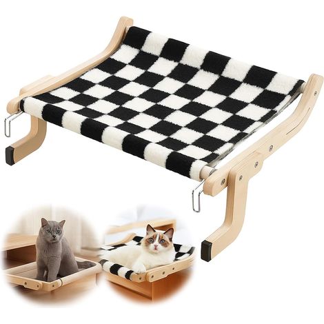 1 Hamac Pour Chat Rebord De Fenêtre, Bois Et Lin, Support 18 Kg, Noir Et Blanc, Observation Oiseaux (1/5)