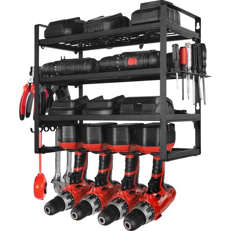 Support mural pour outils, 4 niveaux avec 4 porte-perceuses, rangement pour tournevis, organiseur d'atelier pour garage et établi. (1/5)