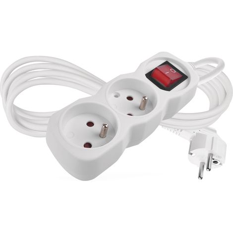 Multiprise 2X 2m avec Interrupteur - 2 Prises French tournées à 45° - 250 V, 16 A, 3680 W - H05VV-F3G 1,0 mm2 - Protection renforcée Contre Les Contacts accidentels - pour l'intérieur - Blanc (1/5)