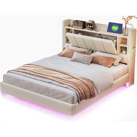 Lit double capitonné 140 x 200 cm avec éclairage led et usb, lit rembourré tête de lit réversible avec coussins de rangement, tissu effet lin, beige (1/5)