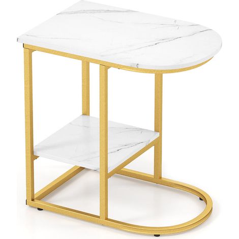 Gain de place, table d'appoint en C avec plateau effet marbre, étagère de rangement, base à glisser sous canapé (1/5)
