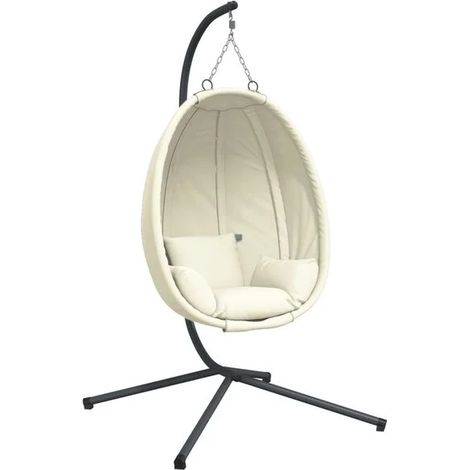 Fauteuil suspendu en forme d'œuf, tissu beige, structure en acier. (1/5)