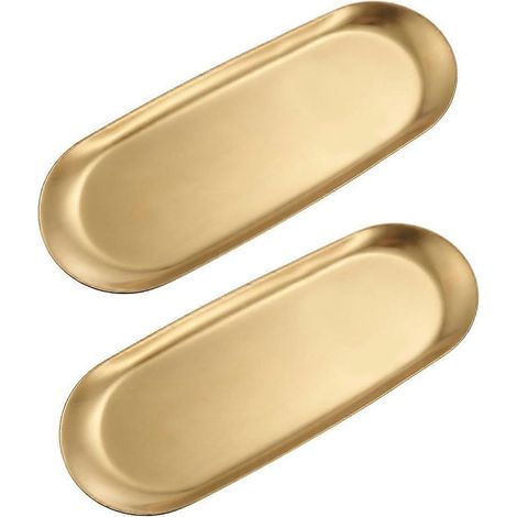 Plateau de toilette ovale doré 30 cm (12 po) - Ensemble de 2 - Acier inoxydable - Organisateur pour comptoir de salle de bain, commode, bijoux, parfum (1/5)