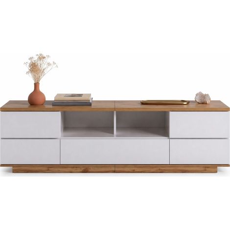Meuble TV blanc et bois 180 cm, design graphique à 5 portes avec 2 niches ouvertes, MDF robuste, style moderne gain de place pour salon CHICFURN (1/5)