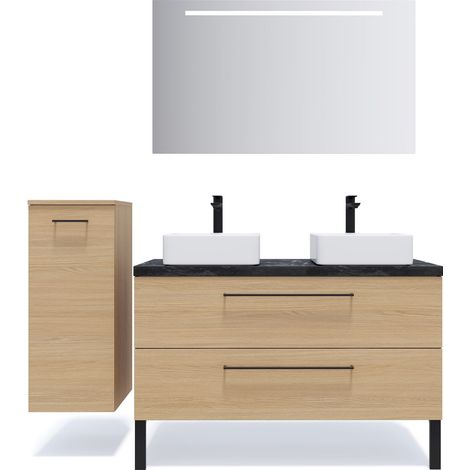 Meuble de salle de bain suspendu 2 vasques à poser 120cm 2 tiroirs Chêne clair + miroir + colonne ouverture gauche - Glasgow (1/5)