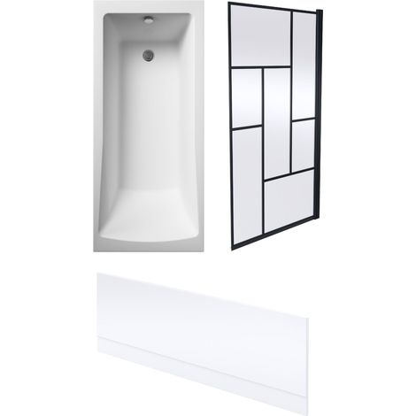 Square Single Ended 1700x700 with Leg Set & Black Abstract Framed Screen & Front Bath Panel