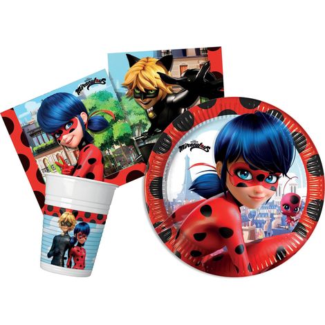 Kit Vaisselle de Fête pour 24 personnes (88 pcs: 24 assiettes Ø23cm, 24 gobelets 200ml, 40 serviettes 33x33cm), Rouge, Noir (1/4)