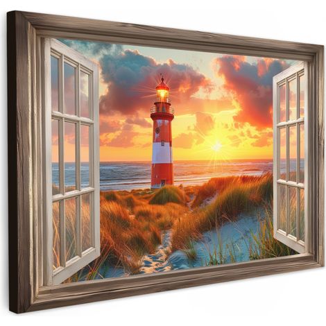 CUADRO EN LIENZO Vista - Ventana - Faro - Puesta de sol - Playa Adornos Pared 60x40 cm