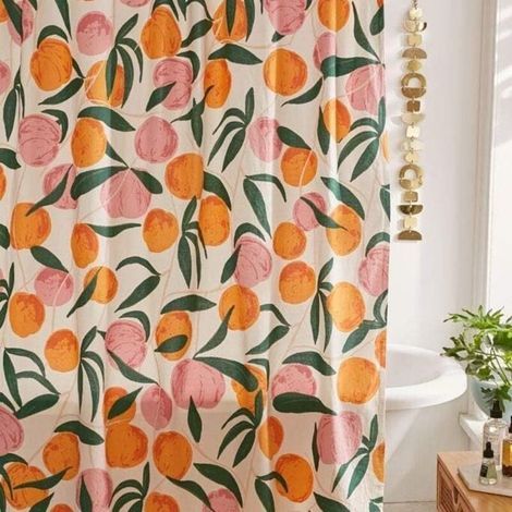 Cortina de ducha de tela impermeable con 12 ganchos, estampado de frutas y flores, 180 x 180 cm, rosa melocotón. (1/4)