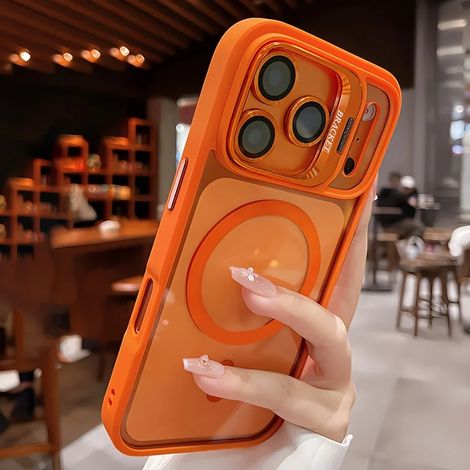 (iPhone 12 orange) Coque magnétique transparente, support en acrylique, lentille en verre