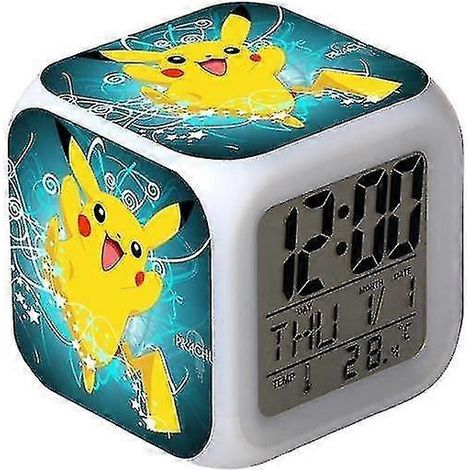 Réveil Pikachu couleur, horloge numérique carrée à LED avec affichage de l'heure, de la température, de l'alarme et de la date (1/2)