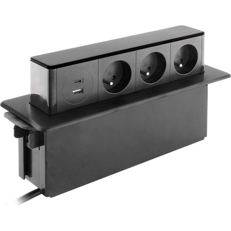 Bloc multiprise encastrable 3X 16A 2P+T + 2 Ports USB - Noir