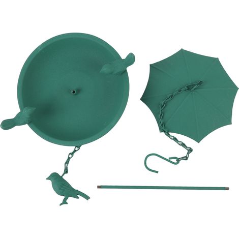 Mangiatoia sospesa in metallo verde di grande capacità con coperchio a forma di ombrello e vassoio a vaschetta per giardino esterno. (1/5)