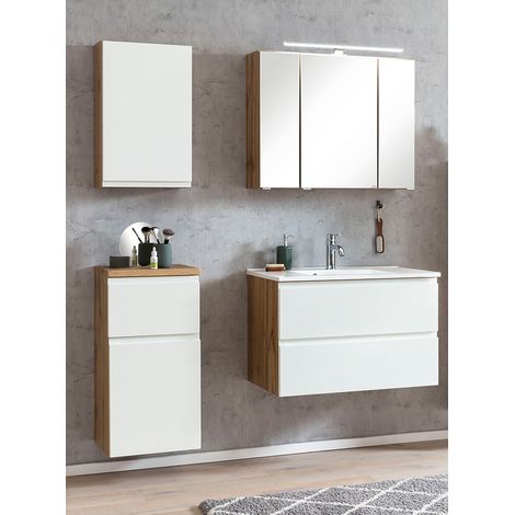 Badezimmer Set mit Waschbecken und LED Beleuchtung, Wotan Eiche Nb. mit weiß matt, VASTO-03-WHITE, B/H/T ca. 135/200/47 cm (1/5)