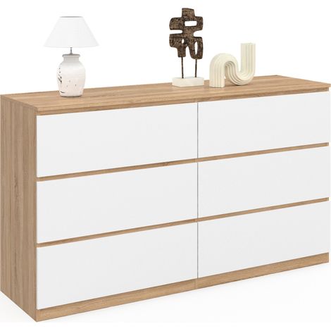 Idmarket – Commode enfant 6 tiroirs 140 cm – Bois façon hêtre et blanc – Largeur 40 cm – Hauteur 80 cm – Design moderne et épuré