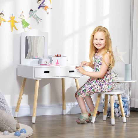 Ensemble coiffeuse enfant avec table de toilette, tabouret, miroir et 2 tiroirs. Coloris blanc et bois.