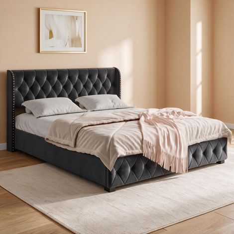 Cama doble 140×190 cm – Cama con arcón – Tachuelas decorativas – Somier de láminas – Terciopelo gris (1/5)