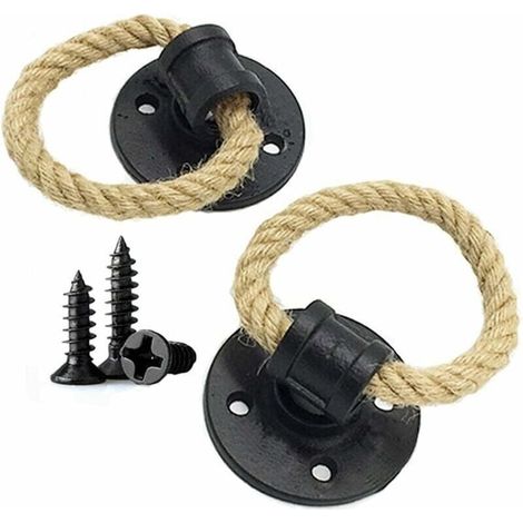 2 pices Poigne en fer forg de corde de chanvre vintage poignes de porte en bois Boutons de d\'armoire Poignet de porte coulissante,tiroir anneau de traction (Black) (1/5)