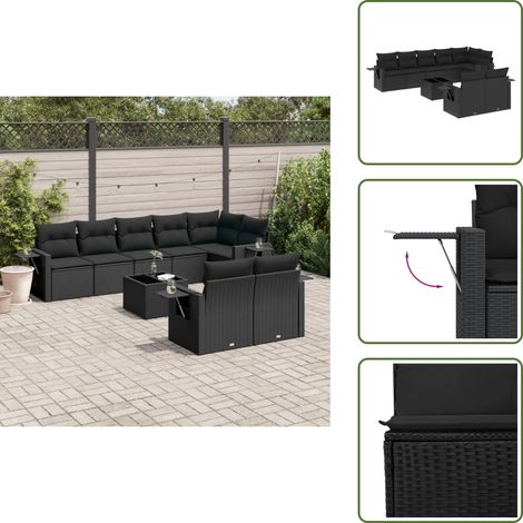 9-tlg. Garten-Sofagarnitur mit Kissen Schwarz Poly Rattan - Gartenmöbel Set - Esszimmergarnitur - Outdoor Möbel - Lounge Garnitur - Balkonmöbel (1/5)