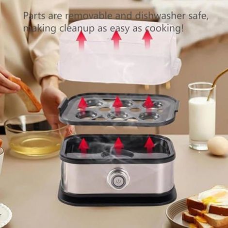 Cuiseur à ufs 6-en-1 Inox/Plastique, Plateau Amovible pour ébullition/Pochage, Règlementation UE Cuneary (1/5)