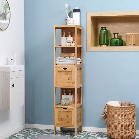 Badmöbel Hochschrank modern aus Bambus in Naturholz 30 x 30 x 140 cm mit 3 offenen Fächern und 2 herausnehmbaren Schubladen (1/5)