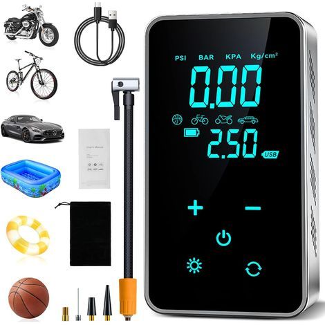 Compresseur d'air portable, gonfleur de pneus électrique 150 PSI, pompe à vélo électrique, pompe à air sans fil, compresseur d'air électrique avec écran tactile/lumière pour moto, vélo, voiture (1/5)