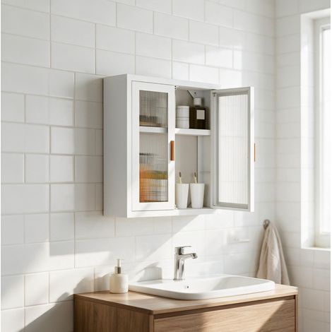 Armadietto da bagno sospeso 40 x 14 x 50 cm in metallo bianco con ripiano regolabile - CHICFURN (1/5)