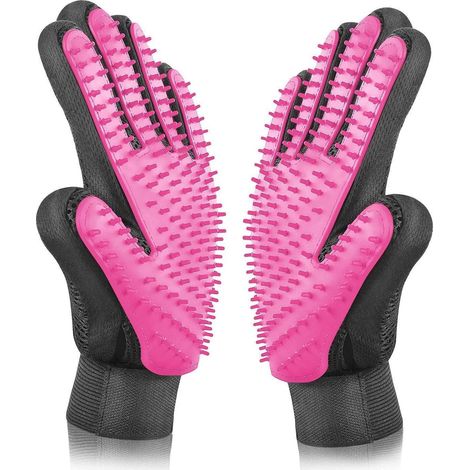 Gants de toilettage rose pour chien et chat, brosse douce anti-perte de poils, outil de massage efficace, design cinq doigts amélioré, compatible poils longs/courts des chiens, chats, lapins et chevau (1/5)