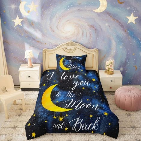 Bettbezug-Set 135x200cm mit Kissenbezug 80x80cm, Aquarell Galaxie Sterne Mond Design