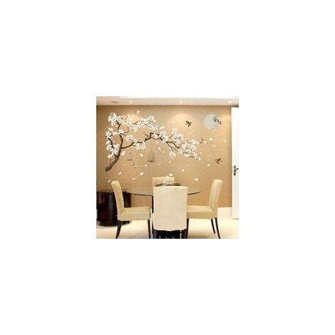 – Vinilo decorativo de pared con flores de cerezo y pájaros – Vinilo autoadhesivo impermeable – Dimensiones 187 x 128 cm – Decoración vintage para dormitorio - TAMAÑO 187 X-Crezuo