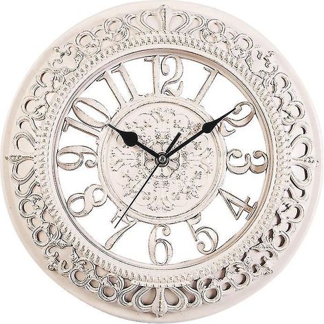 Horloge murale ronde blanche en plastique, silencieuse (30,5 x 30,5 cm), fonctionne à piles, idéale pour le salon, la chambre, la cuisine, la terrasse ou le jardin. Style européen. (1/4)