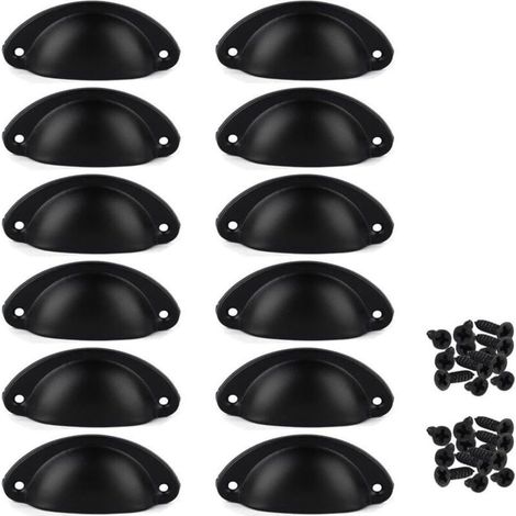 Lot de 12 Poignées de Tiroir Vintage, Poignées de Meubles Traditionnelles en Demi Lune, Poignées de Coquille pour Placard, Armoire, Commode, Noir, Vis incluses (1/4)