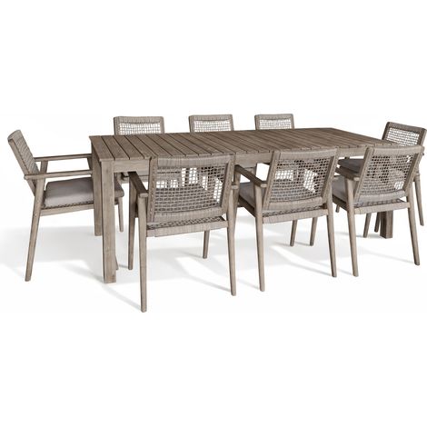 Salon de jardin table 230cm et 8 fauteuils en bois d'acacia et corde tréssée, EDEN