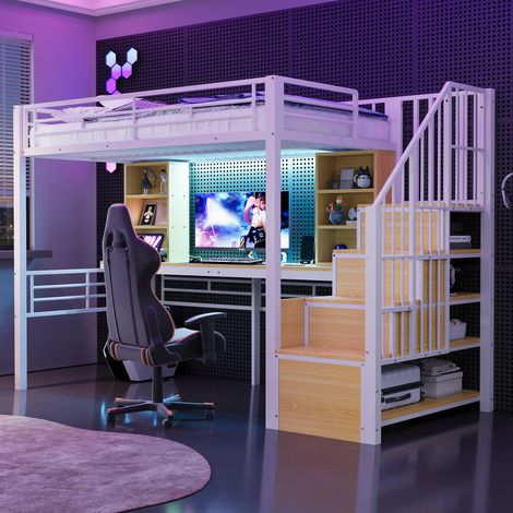 Cama alta con escritorio escalera y LED blanca HAVRYA (1/5)