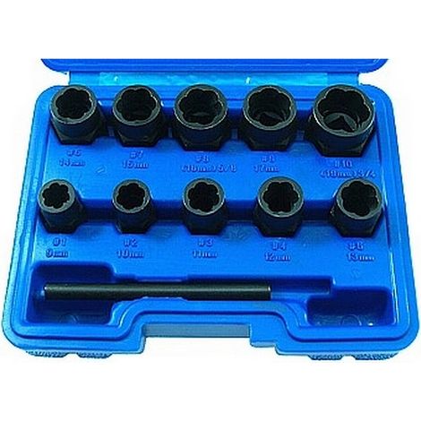 Coffret extracteurs de vis et écrous abîmés – Acier chrome-vanadium – Douilles spirales 9 à 19 mm – Coffret plastique résistant – Beast