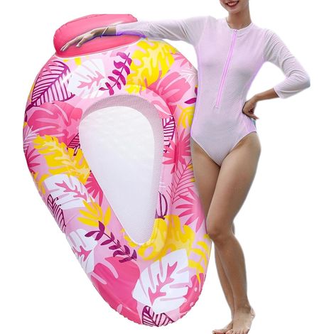 Tumbona hinchable para piscina, flotante con estampado de hojas de arce y reposacabezas, tumbona flotante de agua de 145 x 95 x 43 cm, rosa. (1/5)