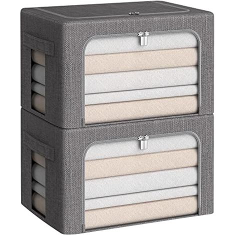 Boîte de rangement pour vêtements – Boîte de rangement pliable en lin avec fenêtre transparente, poignées de transport et cadre en métal (gris foncé, taille M, 91,4 L) (1/5)