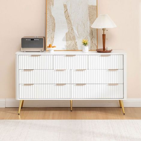 Commode 145x40x80 cm 7 Tiroirs Fermeture Douce - Meuble de Rangement Blanc Moderne Poignées Métal Pieds Surélevés pour Chambre Salon (1/5)