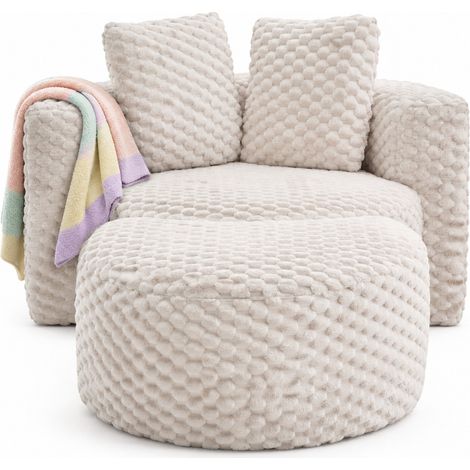 Fauteuil Rond Ergonomique en Tissu avec Pouf et Coussins, Sans Assemblage, Beige