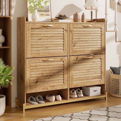 Mueble zapatero estrecho con 4 puertas de madera natural OKMYHOME (1/5)