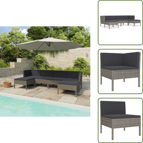 6-tlg. Garten-Lounge-Set mit Auflagen Poly Rattan Grau - Gartenloungesessel - Loungeset - Gartenmöbeln - Outdoormöbel - Rattanmöbel (1/5)