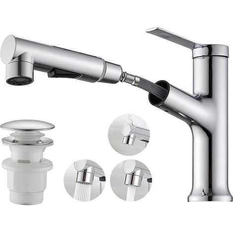 Robinet de salle de bain avec 3 types de jet, robinet extractible pour lavabo avec vidage, mitigeur monocommande pour salle de bain, chromé (1/5)