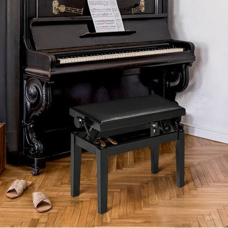 Banco de piano regulable, asiento acolchado, patas de madera de caucho, cuero regenerado negro (1/5)