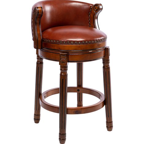 Tabourets de bar en cuir véritable avec assise pivotante 360°, cadre en bois ivoire, hauteur tabouret 26,5" (1/5)