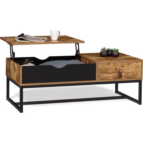 Idmarket – Table basse relevable rectangulaire 100x50cm – 1 tiroir – Métal et bois effet vieilli – Hauteur 36/50cm – Style industriel (1/5)