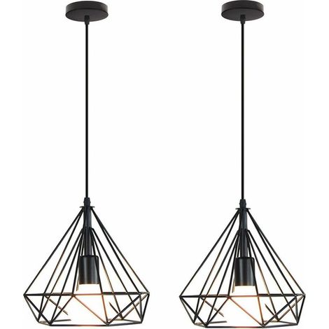 Suspension Luminaire Lustre Abat-Jour 25cm en Fer forme Diamant, Lampes de Plafond Cage avec Douille Eclairage Style Industrielle ( Lot de 2 Noir ) BLOW (1/4)